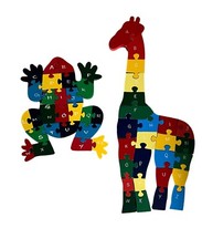 Frog, Giraffe Wooden Puzzles with Alphabet Numbers Preschool Educational Tactile