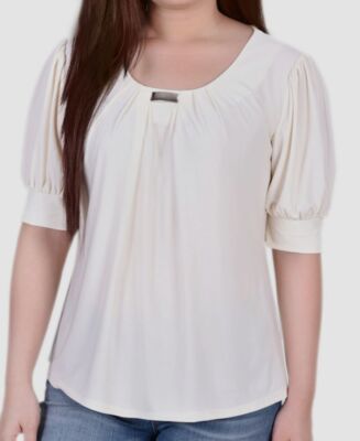 NY Collection Women's White Short Sleeve Balloon Sleeve Top Petite Size PM