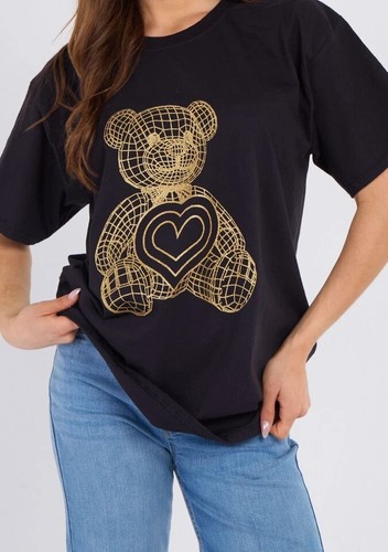 Ladies women’s short sleeve Sparkle Glitter Gold Teddy print T- shirt UK 8-22 - Picture 2 of 3
