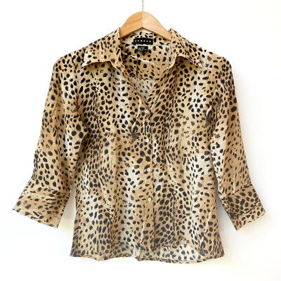 Ranked Womens 100% Silk Animal Print Button Up Blouse Size MP Elbow Sleeve