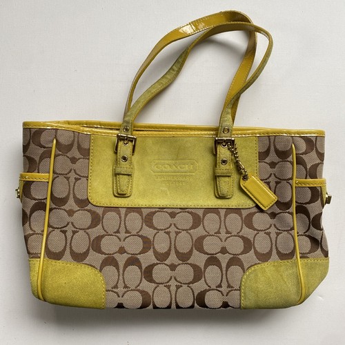 COACH K04O-1443 TAN BROWN Green LEATHER SUEDE CANVAS TOTE PURSE BAG