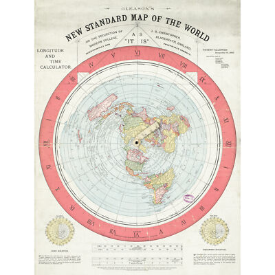 Map Gleason 1892 World Time Calculator Flat Earth Large Wall Art Print 18X24