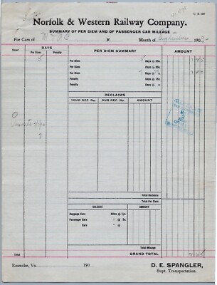 1909 Norfolk & Western Railway Per Diem Sheet Passenger Car Mileage Railroad