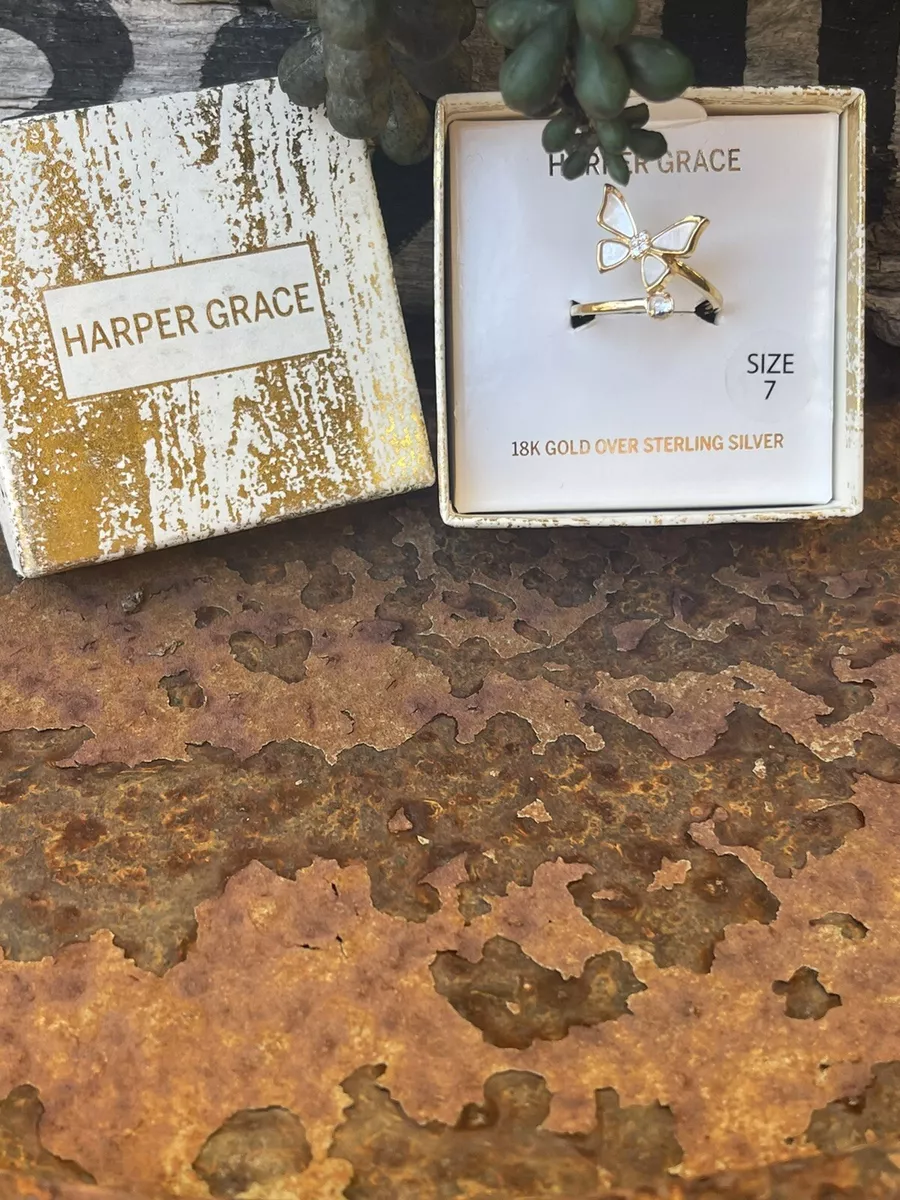 Harper Grace 18K Gold over Sterling Silver MOP CZ Butterfly Ring 925 NWT 7
