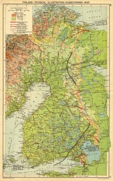 RUSSO-FINNISH WINTER WAR. Mannerheim line. March 1940 Borders. WW2 1940 map