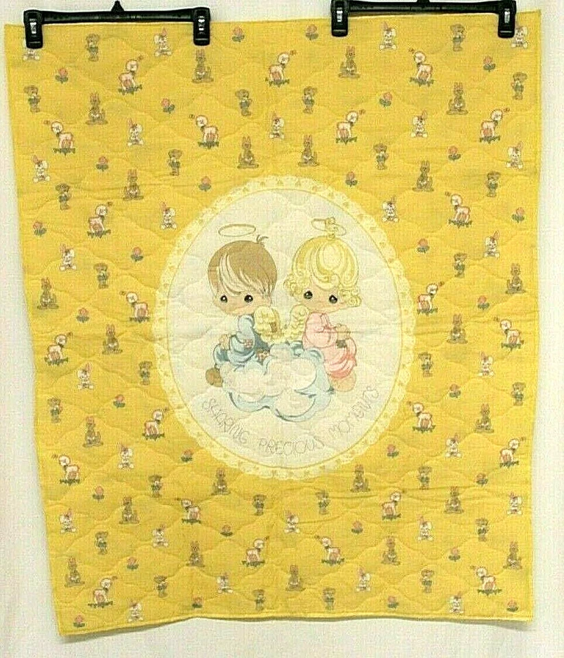 Edredón infantil hecho a mano PRECIOUS MOMENTS BUNNY PRINT 34 X 42 AMARILLO CLÁSICO DE COLECCIÓN Foto 2 de 4
