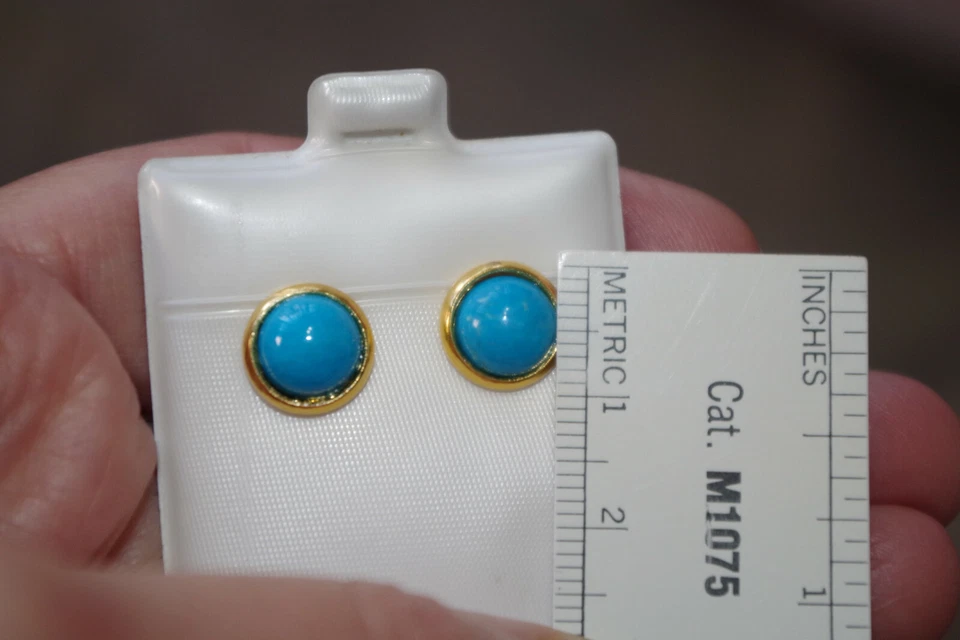 Качество AZ бирюзовый круглый купол 10 мм винтажный запас 14K GF серьги-гвоздики - Изображение 4 из 4