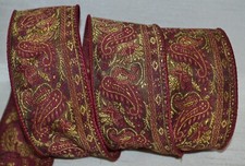 Wired Luxury Ribbon Jacquard Burgundy Red Gold Brown Paisley Swirl 2.5" Holiday