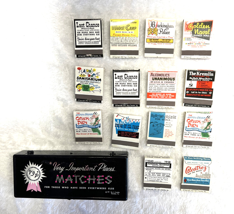 A vintage 'Very Important Places' novelty matchbook set with case — a cheeky outhouse-themed gag collectible from a bygone era of bathroom humor.