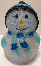 Snowman Figurine Battery Light Up Acrylic White Blue Mittens Scarf Hat 9 1/4" T
