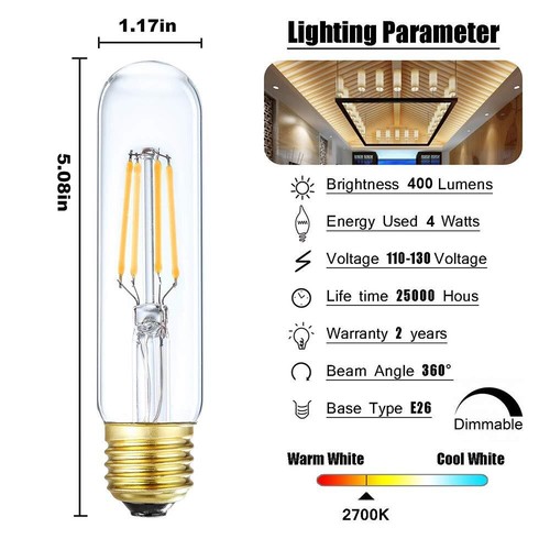 Led Tube Bulb Glass 4W Dimmable Edison T10 Tubular Bulb,E26 Medium Base Filam... - Picture 2 of 7