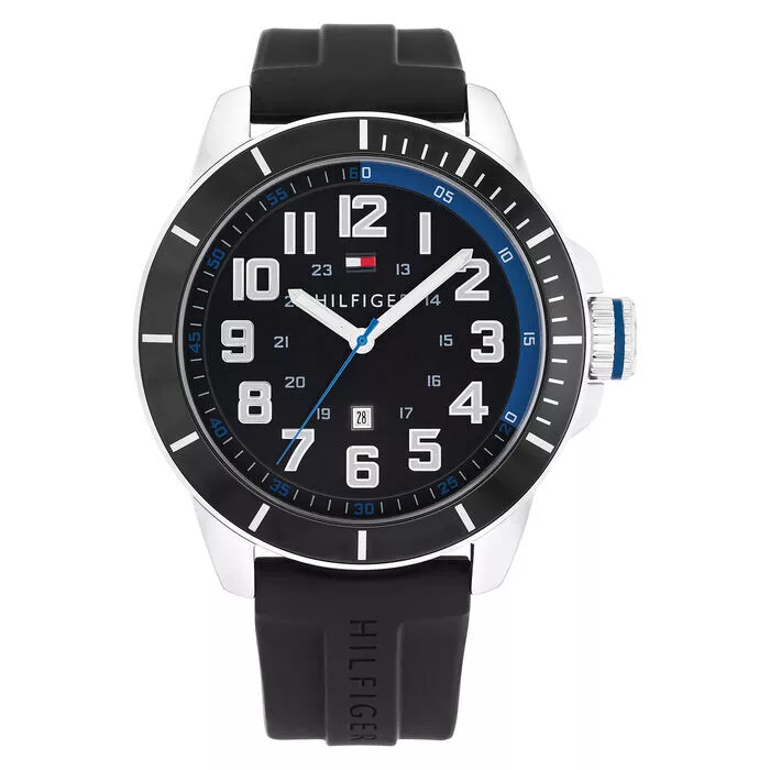 Tommy Hilfiger Mens Essentials Black Dial Silicone Strap 48 MM Watch NIB 1791072