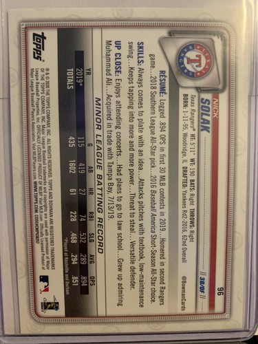 Nick Solak RC 2020 Bowman #96 TEXAS RANGERS Rookie (i220) - Picture 2 of 2
