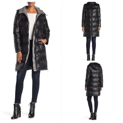 French Connection Black Hooded Puffer Coat Jacket Plaid Detail Size Small NWT s