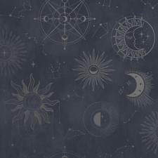 Navy Silver Space Wallpaper Metallic Shimmer Moon Sun Feature Office Hallway