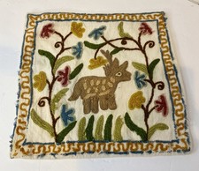 Vintage Hand Embroidered Folk Art Deer Pillow Cover 12x12 Crewel Cottagecore