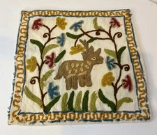 Vintage Hand Embroidered Folk Art Deer Pillow Cover 12x12 Crewel Cottagecore