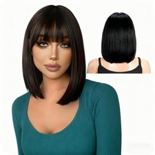 Black Bob Wig For Women,Straight Black Wigs With Bangs, Short