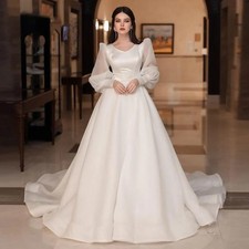Eighale Arabic Wedding Dresses Puffy Sleeves A-Line V-Neck Simple Bridal Gowns