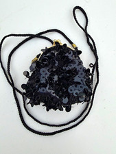 Vintage Black Sequin Coin Purse Mini Pouch, Cord Strap Kiss Lock, Cocktail
