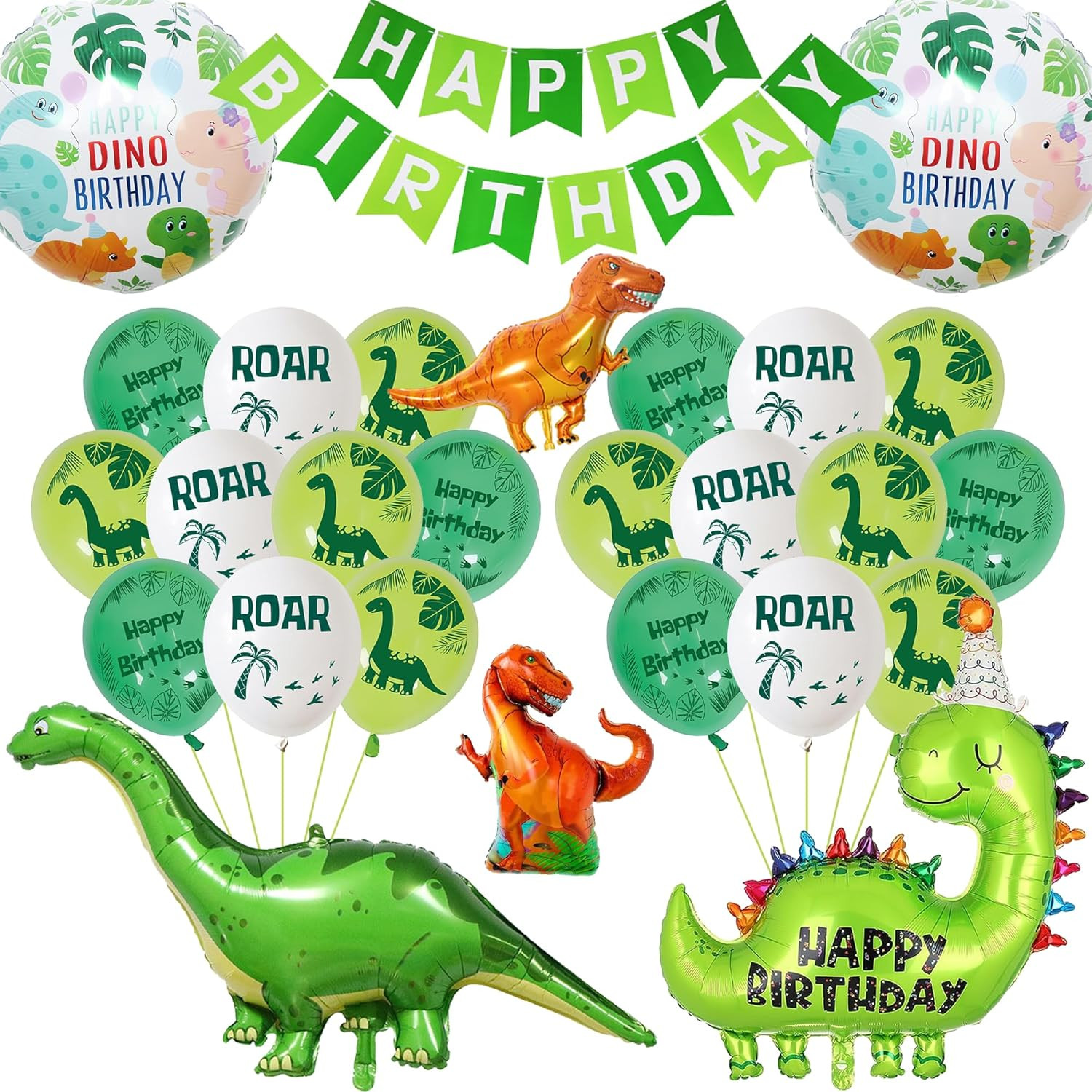 Dinosaur Birthday Decorations Balloons for Boys - Green Happy Birthday Banner an