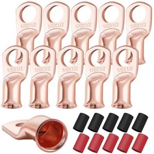 XHF 10PCS 1/0 AWG1/2 Heavy Duty Battery Lugs with 31 Heat Shrink Tubing, Ring...