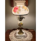 Vintage Hurricane Table Lamp Floral Milk Glass Marble Base Brass Red Rose