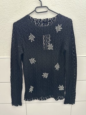 Zara  Schwarzer Perlen-Schneeflocken Pullover Spitze langarm festlich -Gr M