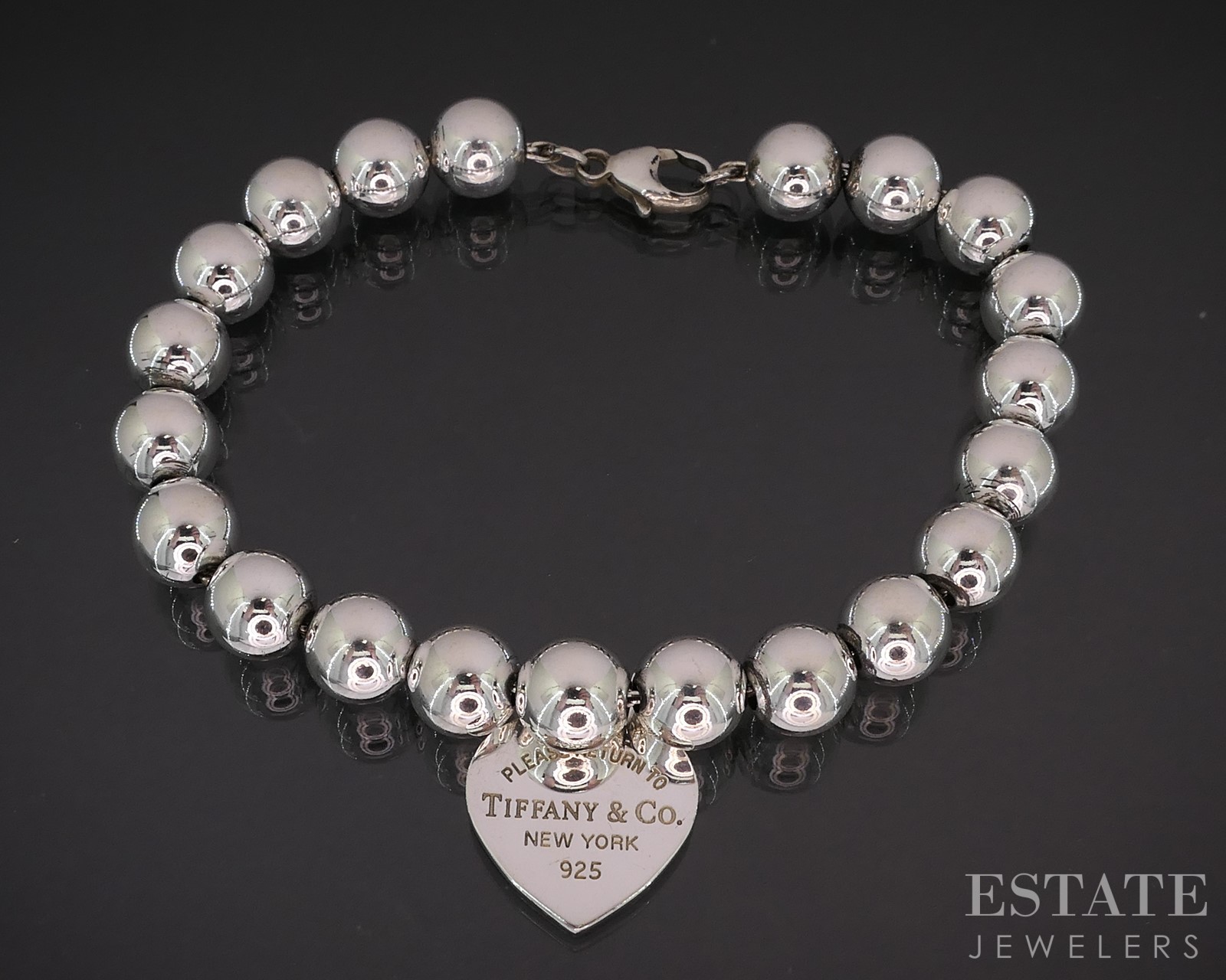 Tiffany & Co Sterling Silver Return Heart Charm Beaded Bracelet 7.5 Inches 14g