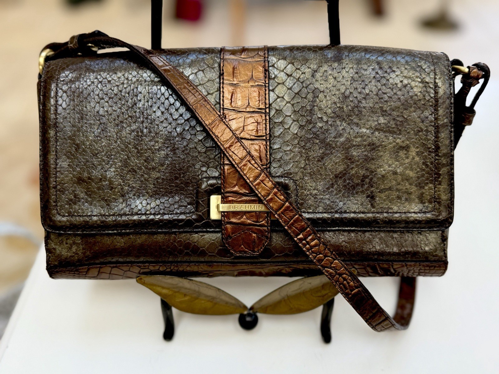 🤎 Brahmin Bryn Python Flap Shoulder Bag Clutch O… - image 1