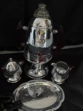 Vintage Chrome Coffee Percolator Bakelite handles, Creamer & Sugar Bowl complete