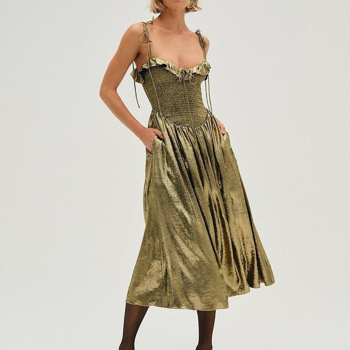 VS For Love & Lemons Bethany Midi Dress in Shine Gold Size Large NWT