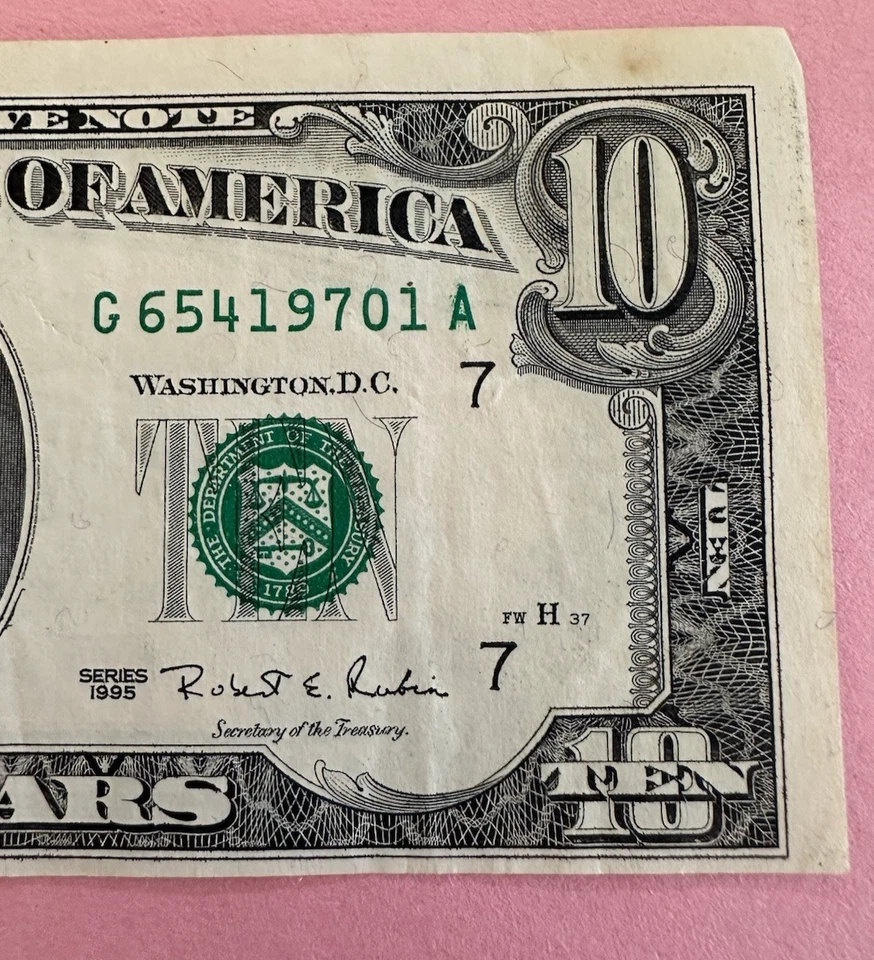 Billete de diez dólares 1995 G65419701A desalineado nítido desplegado Chicago BUENO Foto 2 de 4