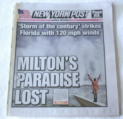 NY POST NEWSPAPER MILTONS PARADISE LOST STORM OF CENTURY STRIKE FLORIDA 10-10-24