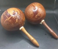 Vintage Handmade Hand Craved Scenes Maracas From Havana 9.5" Long