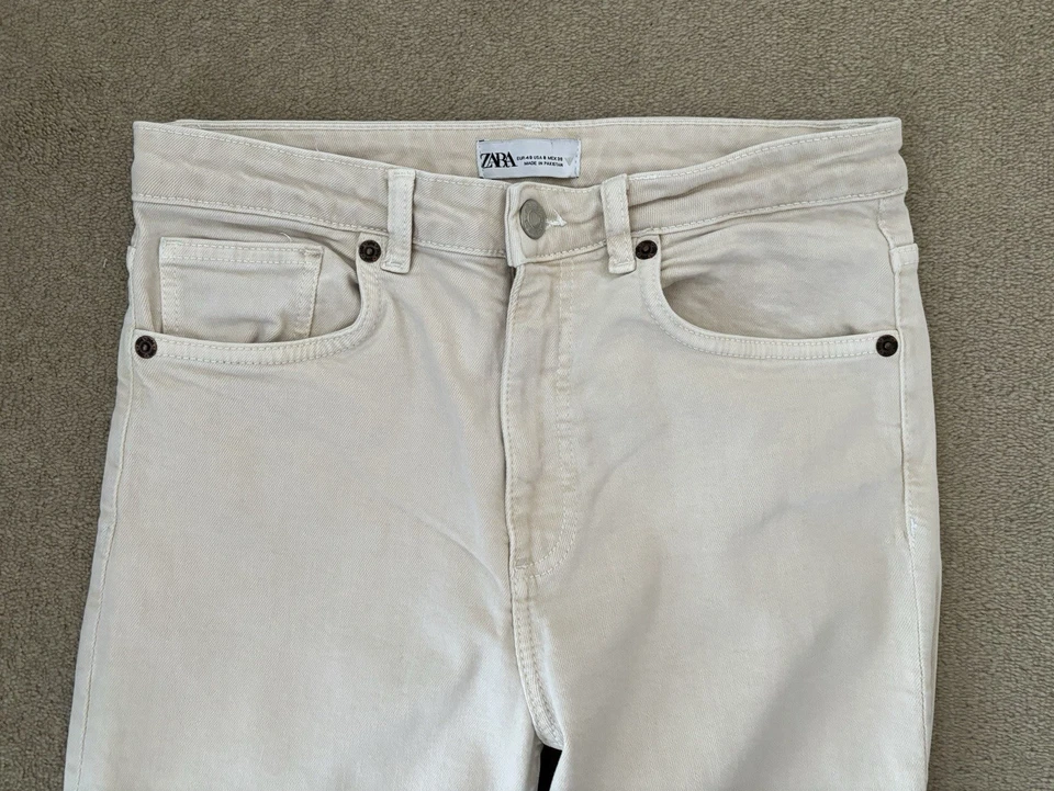 Zara Ecru Cream Frayed Hem Straight Leg Cropped Denim Jeans Size 40 UK 12 L23" - Image 2 of 4