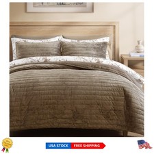 3-Piece Velvet Channel Quilt Set for King Beds - Soft Taupe Oatmeal Comfort