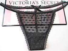 VICTORIA'S SECRET PINK Wink V-String Thong Panty VS Mesh Dot S M L XL Black Lace