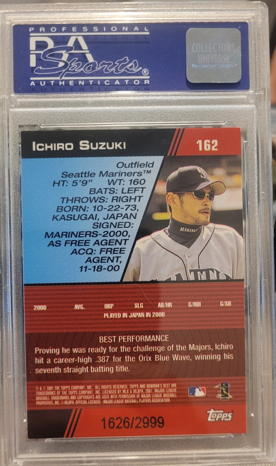 2001 Bowman's Best Rookie #162 Ichiro Suzuki (RC)  1626/2999 - PSA 9 Mint  view 2