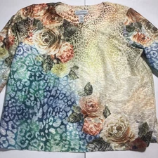 Alfred Dunner Petite XL Colorful Floral Leopard Print Blouse Textured