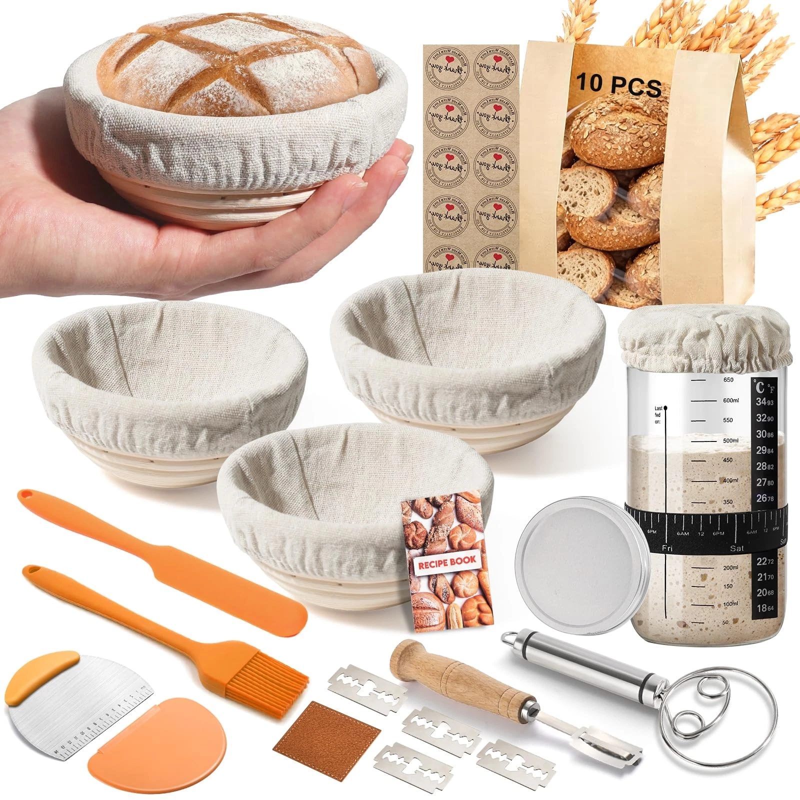 Mini Banneton Basket Sourdough Starter Kit, 5 inch Round Bread Proofing Baske...