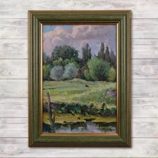 Meadow Pond Landscape Antique Framed Oil Painting Soviet Ukrainian Artist