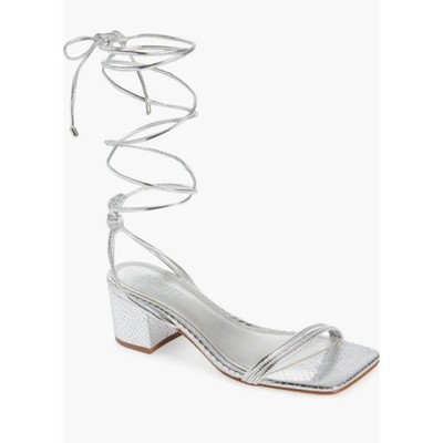 Schutz Thea Ankle Wrap Block Heel Sandal Womens Metallic Silver Size US5B EU35.5