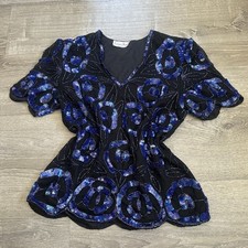 VTG 80s Black Blue Floral Beaded Sequin Silk Top Blouse M Retro Party Night Glam