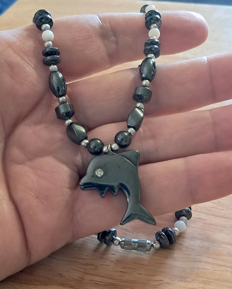Unique Dolphin Pendant Hematite Beaded Necklace, Statement Necklace - Image 4 of 4