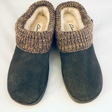 Clarks LBO251 Womens Suede Slipper Clogs 9W Faux Fur Lined Knit Collar Gray