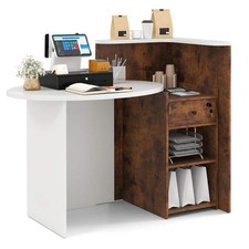 Front Reception Office Desk with Open Shelf and Drawer-Brown & White