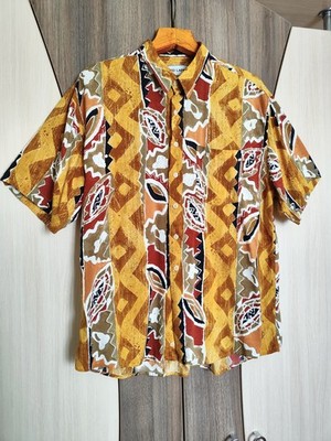 Ted Lapidus Shirt Abstract Tribal Pattern Yellow Brown Mexican Aztec Style XL