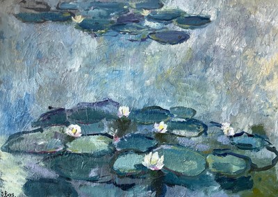 Original Oil Painting Water Lily Claude Monet Style Art Impressionism 14x20 inch