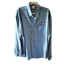 Port and Company Blue Casual Button Down Shirt Denim Logo Advertisement XL